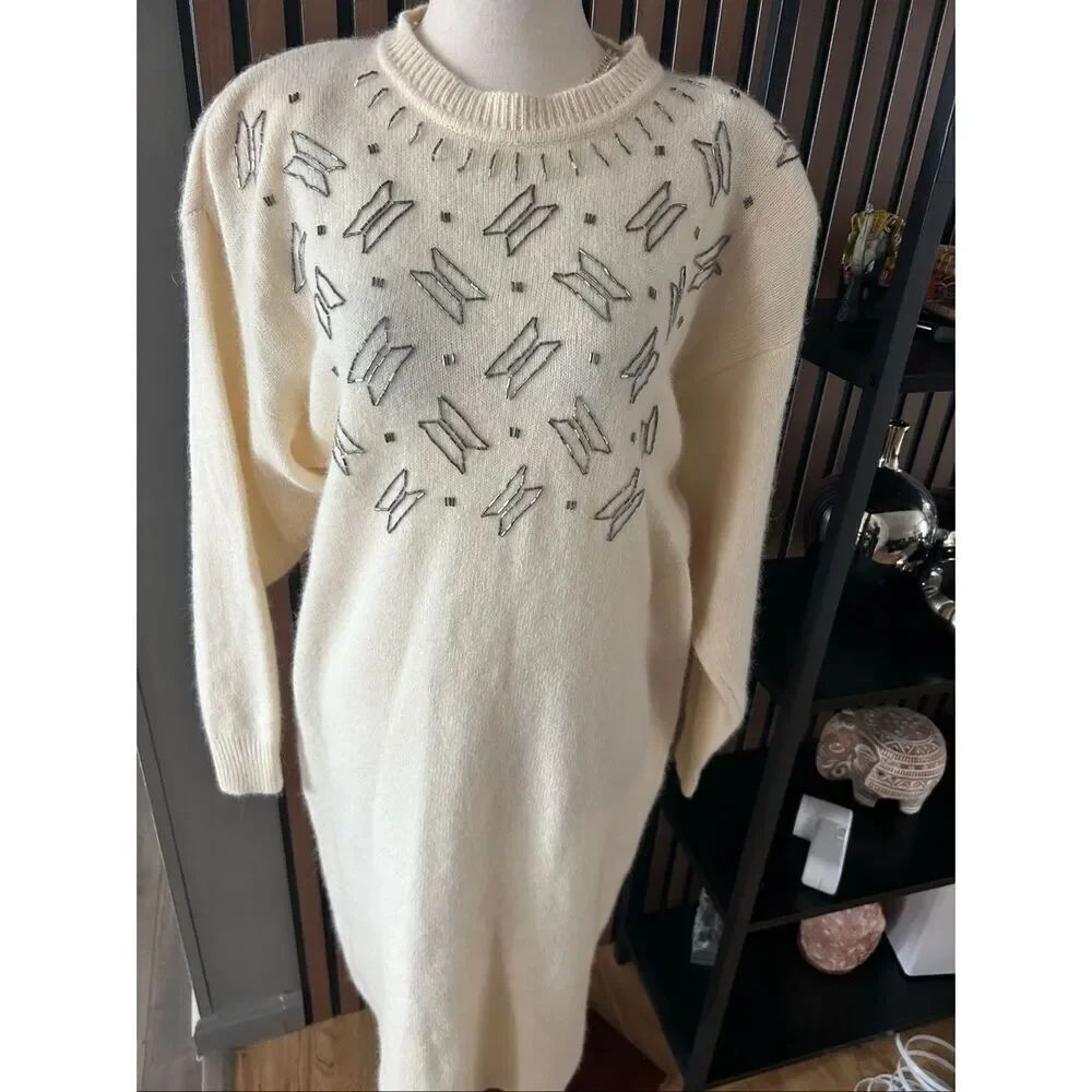 Liz Claiborne Vintage Ivory Beaded Lambswool Angora Blend Sweater Dress - L